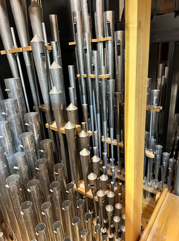 A close-up view of a large pipe organ's metal pipes arranged in rows, with some mounted on wooden supports.