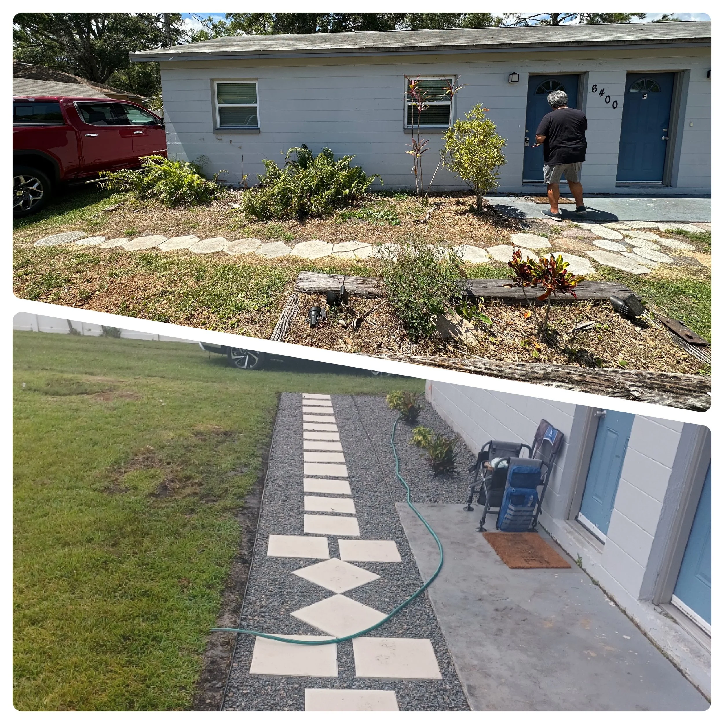 Before and after pictures of a house exterior showing landscaping and walkway renovation. The top image features a house with a garden and a person walking on a stone path, while the bottom image displays a newly constructed walkway with white stepping stones bordered by gravel and grass.