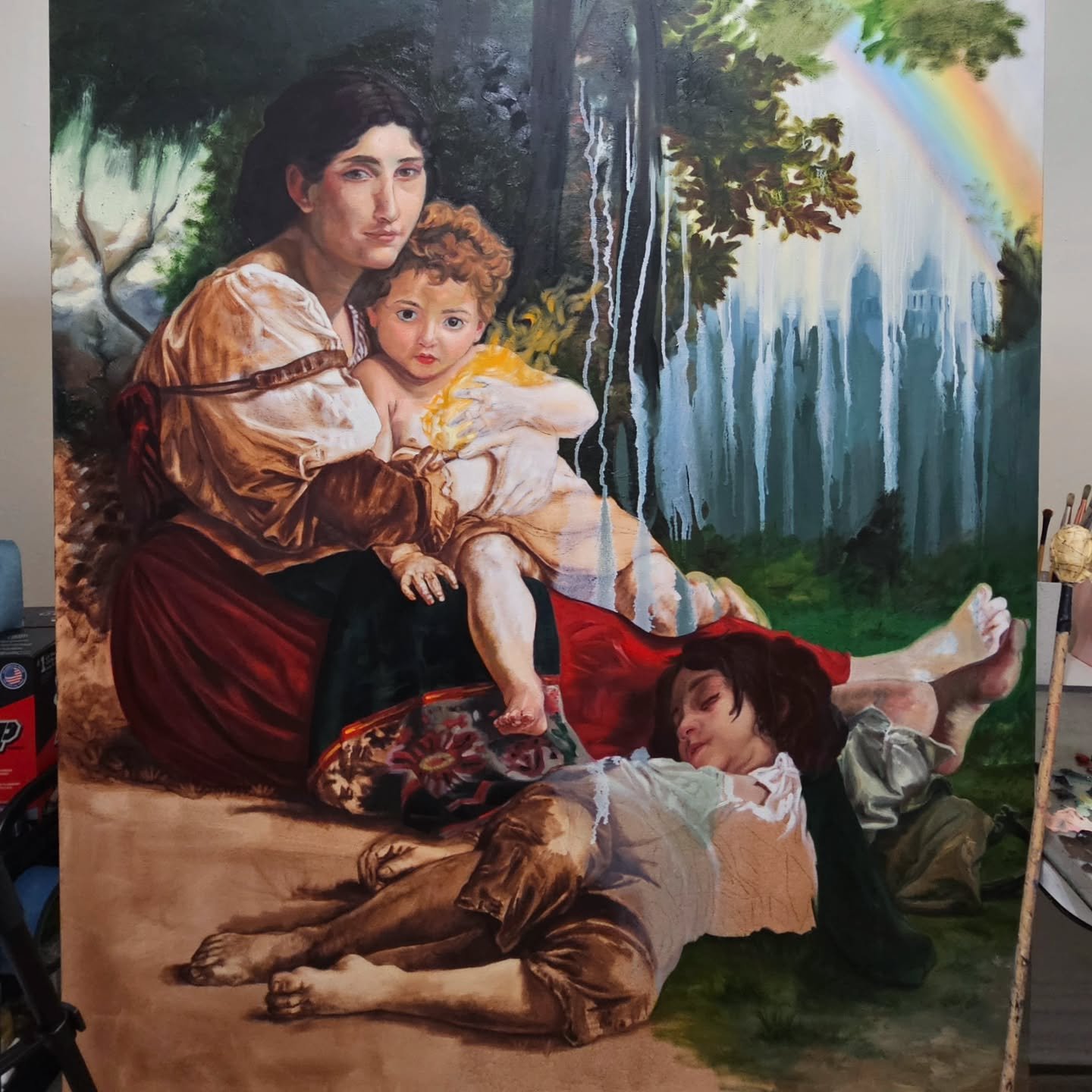 Been having a dark time lately. Painting always seems to bring me back to life. It feels like my brain is in the studio. Like everything gets put back into perspective and what really matters in life comes forward. 

This piece is taking a lot longer