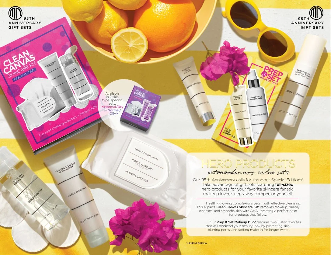 Merle Norman 95th Anniversary limited-edition skincare and makeup gift sets featuring the Clean Canvas Skincare Kit and Prep & Set Makeup Duo.