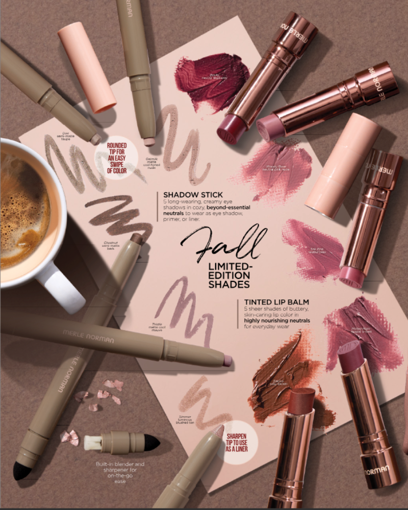 Merle Norman Fall Limited-Edition Shades featuring Shadow Sticks and Tinted Lip Balms in neutral fall colors.