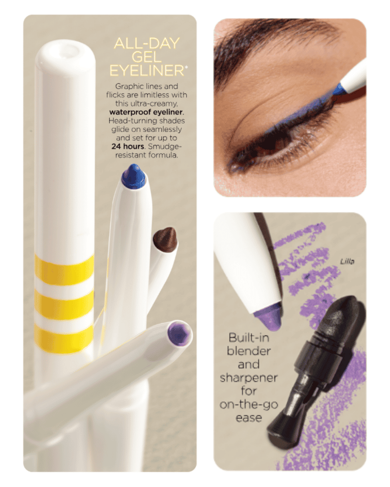 Merle Norman All-Day Gel Eyeliner in bold waterproof shades with built-in blender and sharpener