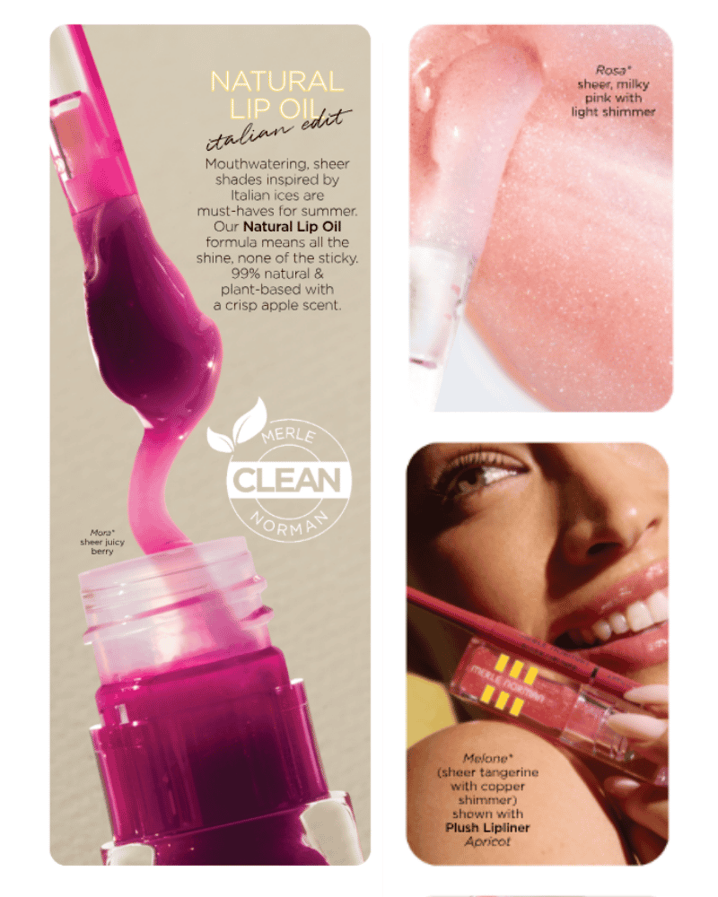 Merle Norman Natural Lip Oil Italian Ice collection with sheer summer shades and shimmer finishes