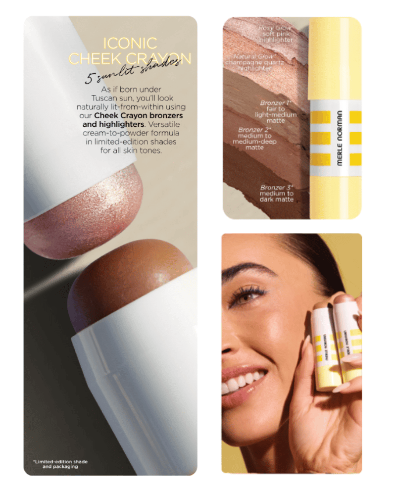 Merle Norman Iconic Cheek Crayon summer shades for bronzing, highlighting, and natural-looking glow