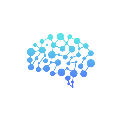 A stylized illustration of a human brain made of interconnected blue dots and lines.