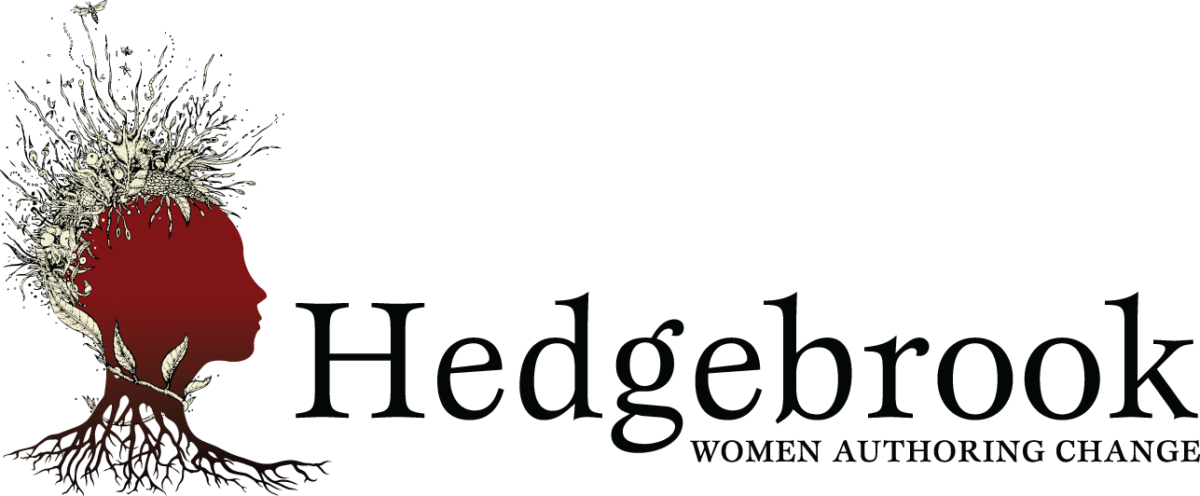 Hedgebrook logo with stylized white and red tree design