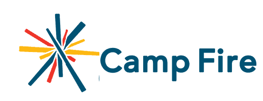 Camp Fire logo featuring a stylized campfire with red, yellow, and blue flames and the words "Camp Fire".