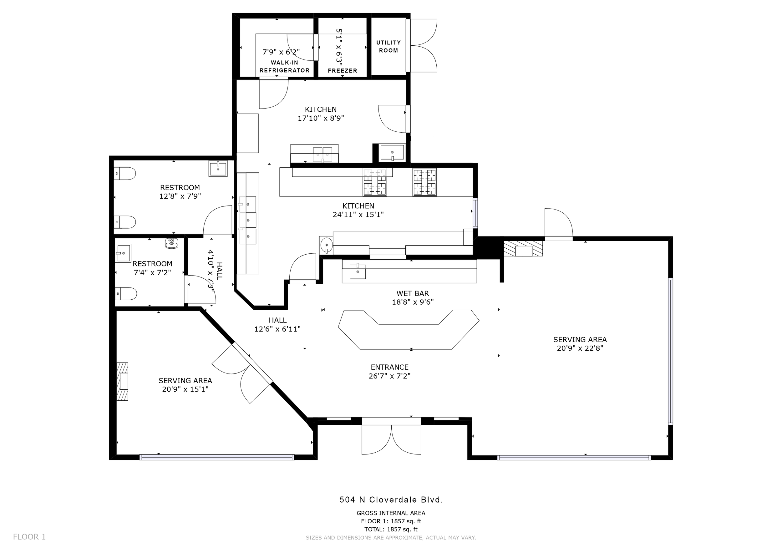 Floor plan of a building, showing multiple rooms including kitchens, restrooms, serving areas, a wet bar, hallways, an entrance, and utility rooms, with room dimensions labeled.