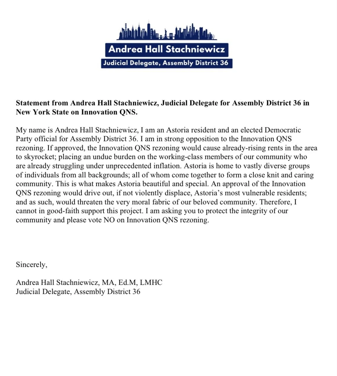 Letterhead with a blue city skyline silhouette and text for Andrea Hall Stachniewicz, Judicial Delegate, Assembly District 36, New York State, accompanied by a statement opposing the Innovation QNS rezoning, emphasizing community concerns and asking for a vote against it.