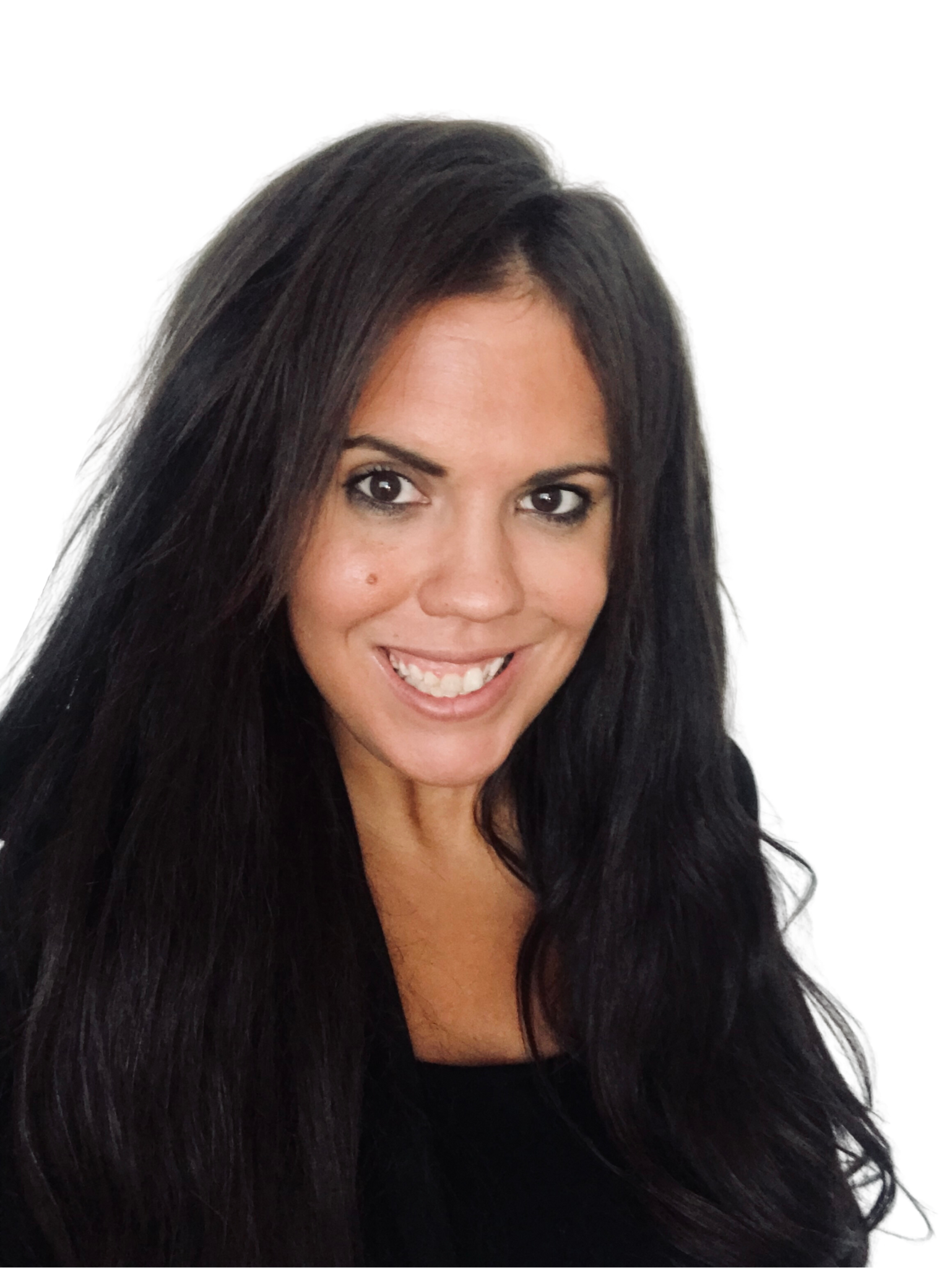 A woman with long dark hair smiling at the camera against a white background.
