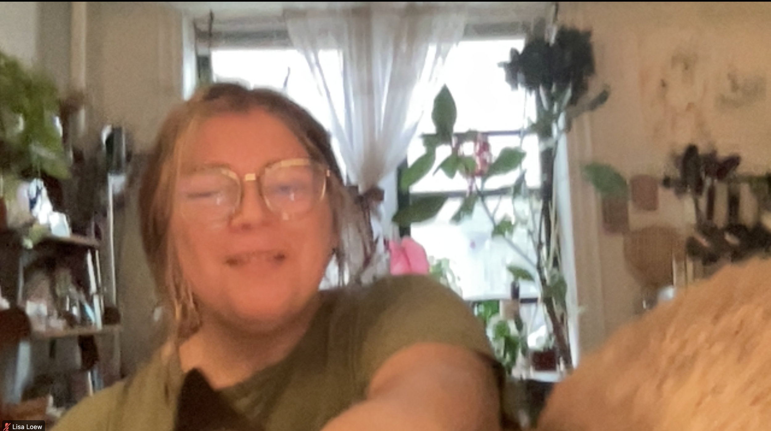 Lisa on her zoom screen in her plant-filled living room. Her cat has interrupted the photo. This is what viewers would see during a virtual Akashic reading.