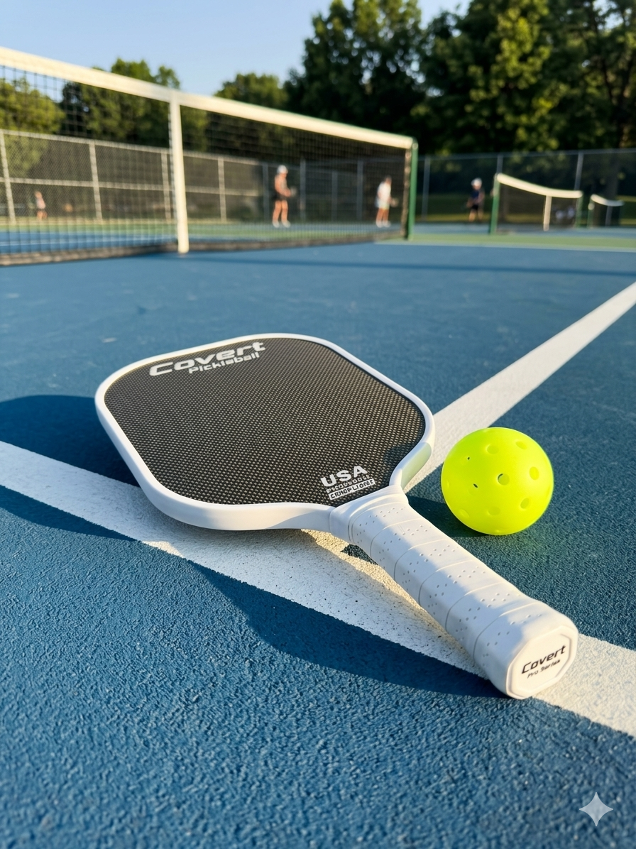 A pickleball paddle and a bright green pickleball resting on a blue court with white lines, with a chain-link fence and pickleball players on the adjacent court in the background.
