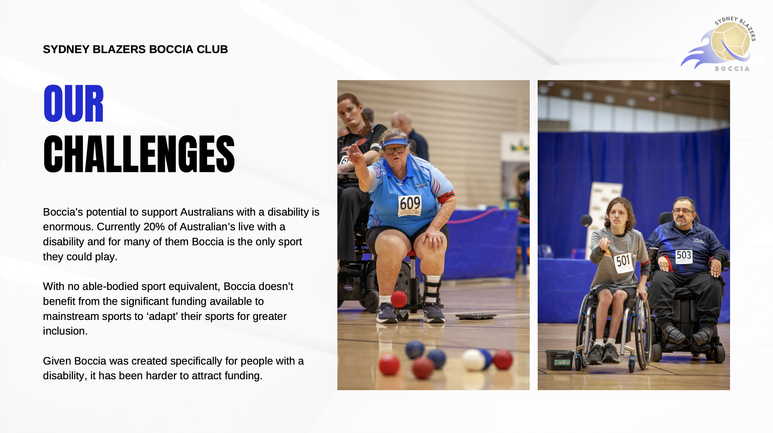 Information page about the challenges faced by the Sydney Blazers Boccia Club. Contains text about supporting Australians with disabilities and images of people playing boccia, including an elderly person in blue playing with balls on the floor and other players in wheelchairs during a game.