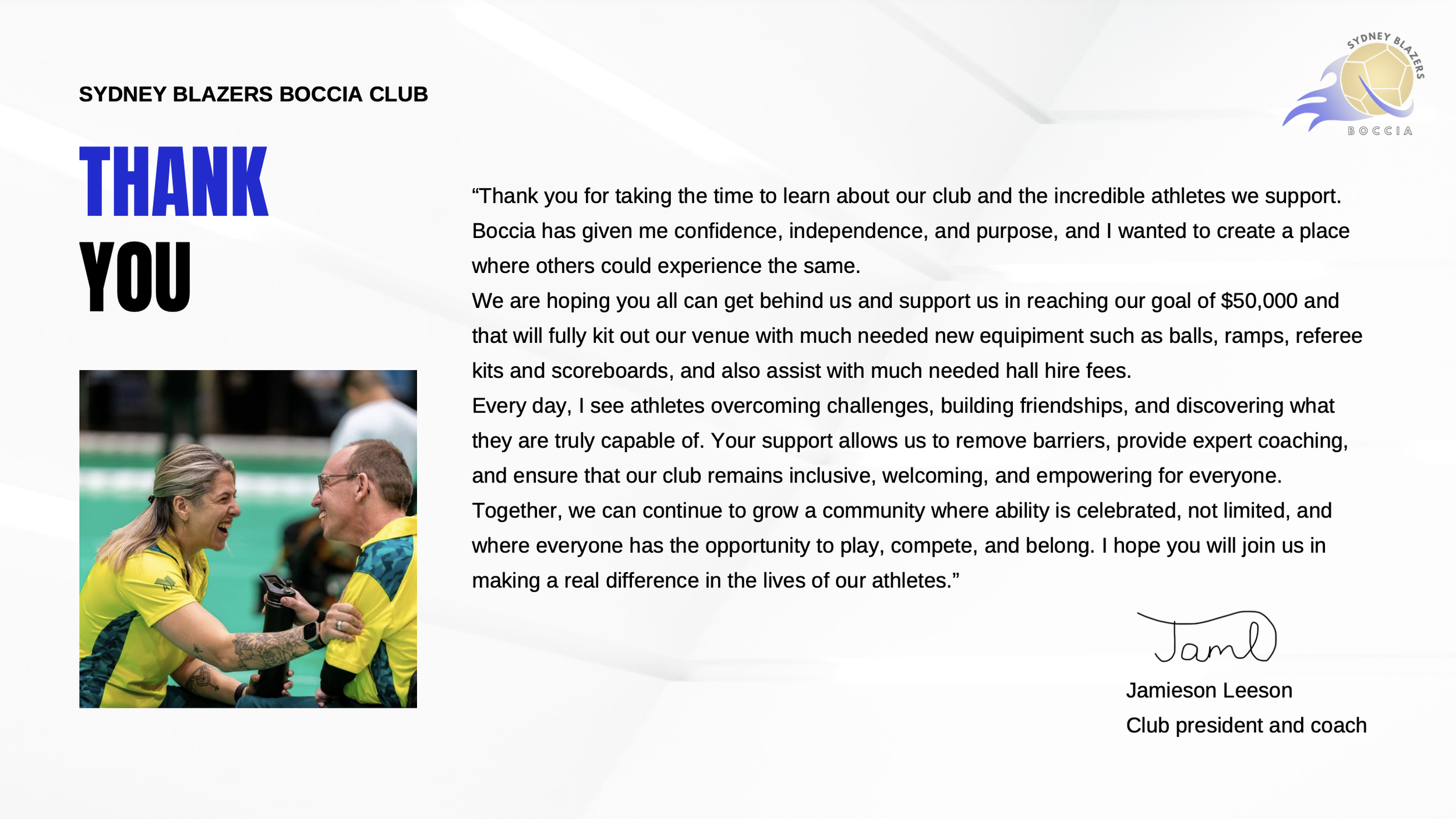 A thank you message from the Sydney Blazers Boccia Club; includes a photo of two smiling athletes in yellow and green sports shirts. The message expresses gratitude for support, outlines goals, and encourages community growth.