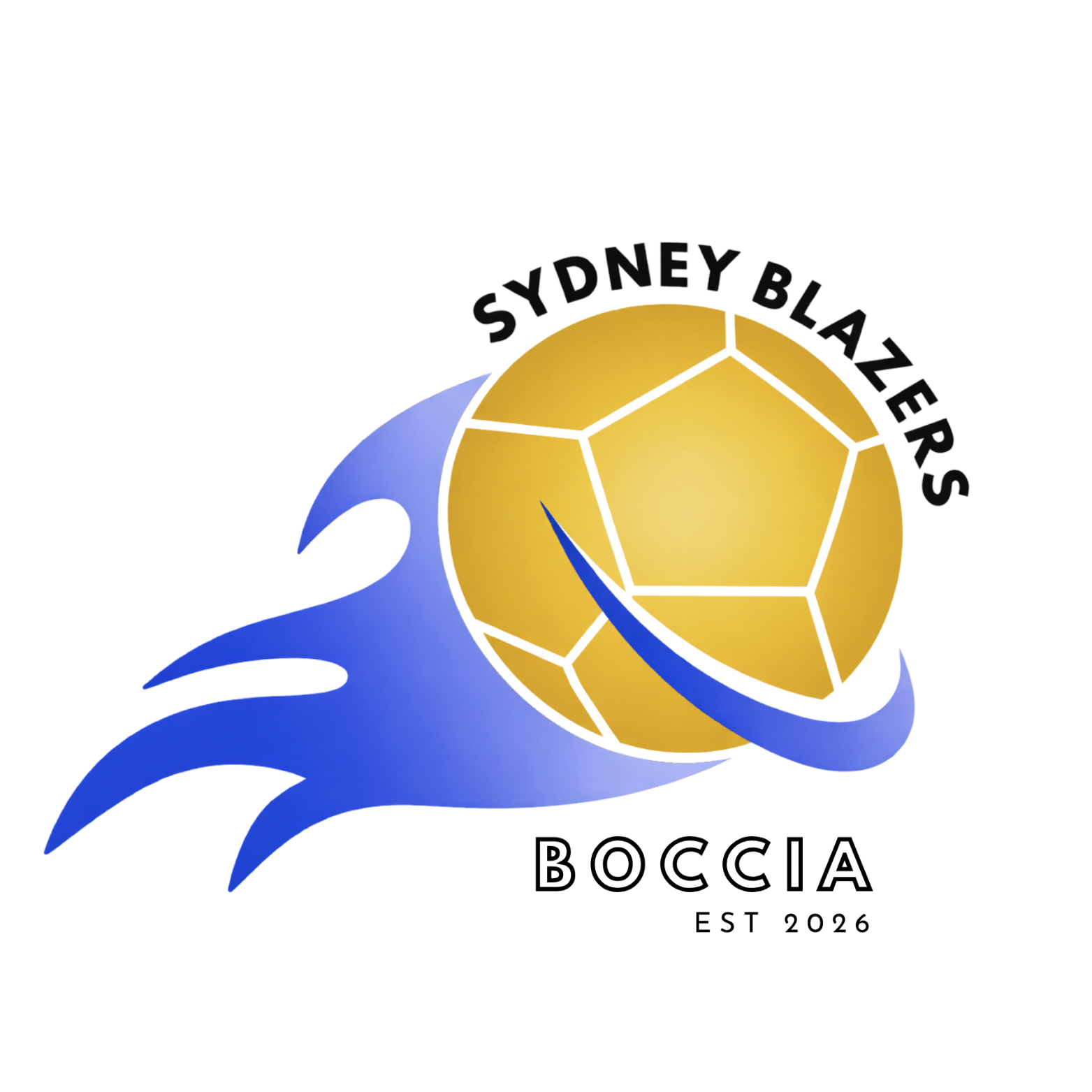 Logo of the Sydney Blazers boccia team featuring a stylized blue flame and a golden boccia ball with the words 'Sydney Blazers' above and 'Boccia' below.