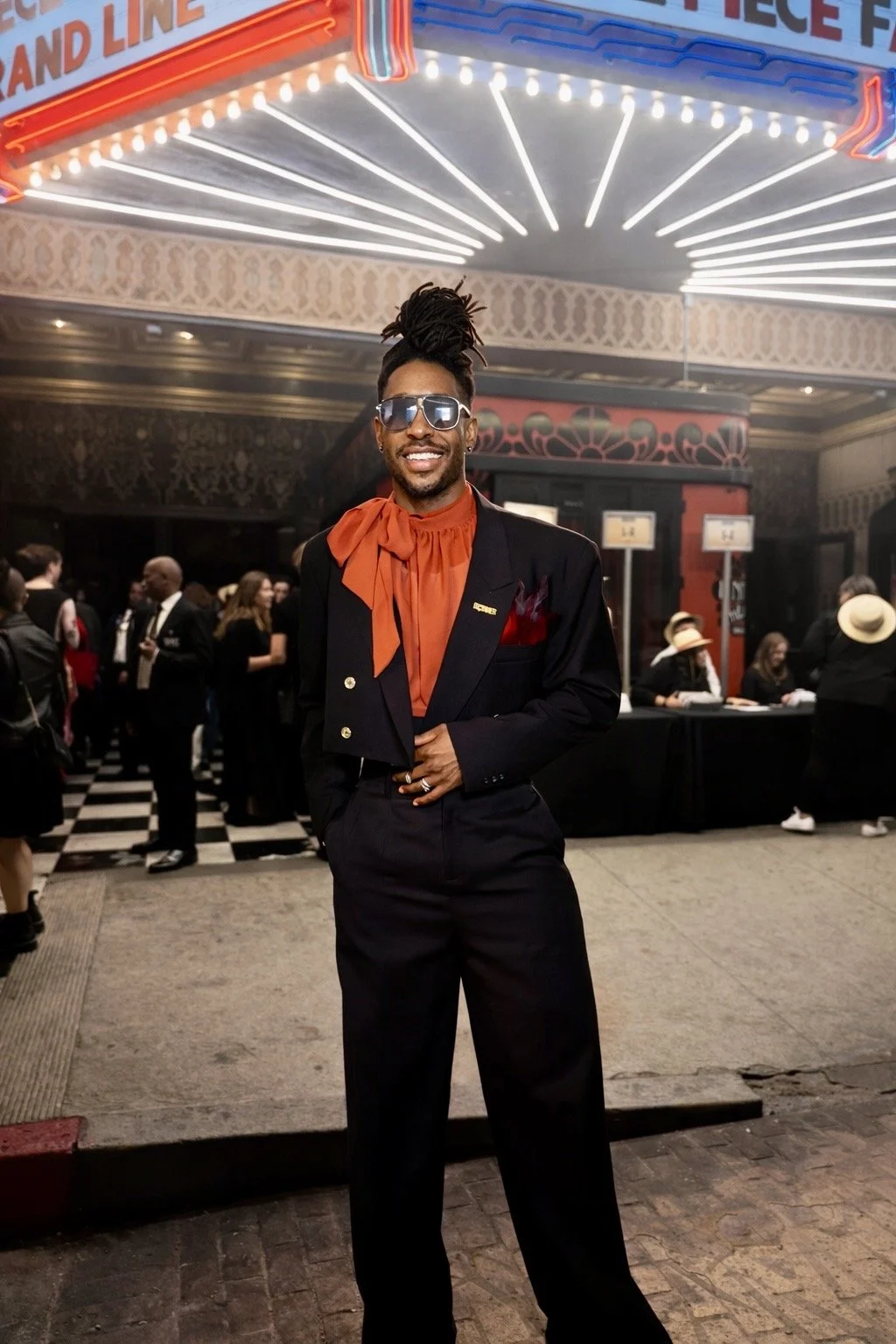 My A/W 26’ cropped double breasted blazer along with a custom halter neck bow blouse for actor, Jerah Milligan, at Netflix’s One Piece Premiere 