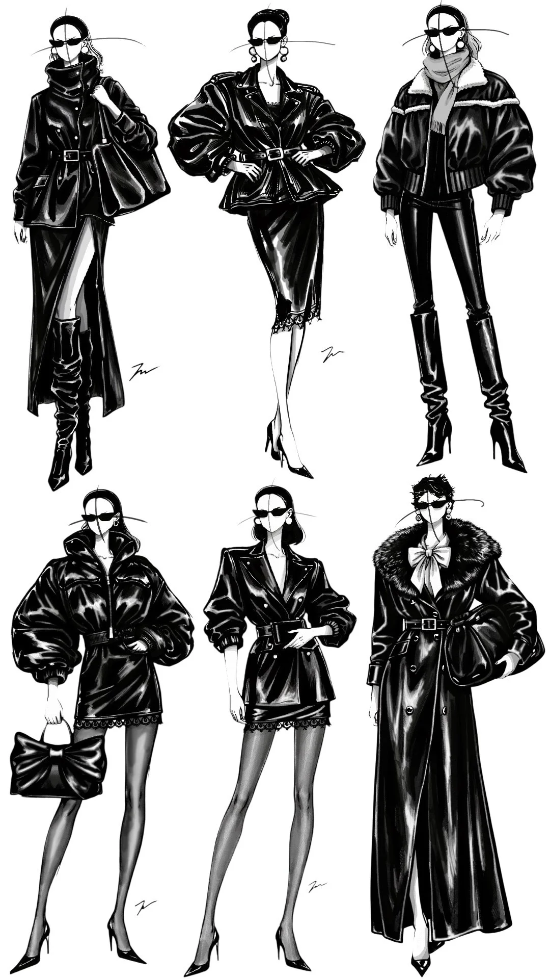 Small capsule collection I designed and illustrated to practice leather and satin rendering 