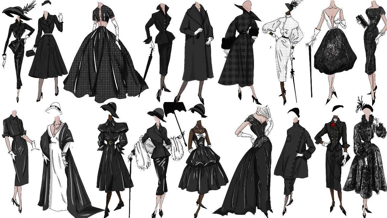 A collection I designed and illustrated titled “Death of Dior” which explores the silhouettes of the 50s around the time of Christian Dior’s death and who may attend his funeral and what they would wear.