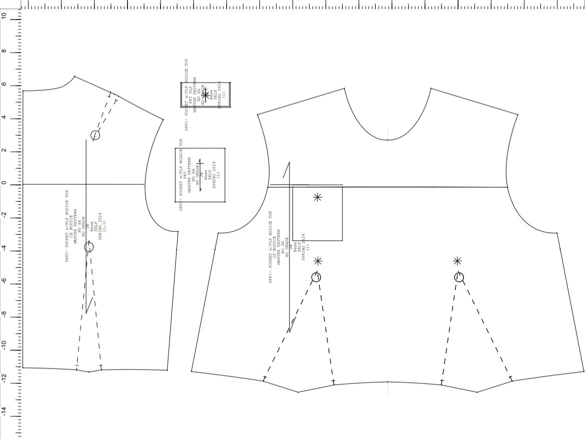 School assignment to create a Basic bodice pattern in Optitex with darts and a chest pocket with a flap and experiment with contrasting patterns and top stitching 