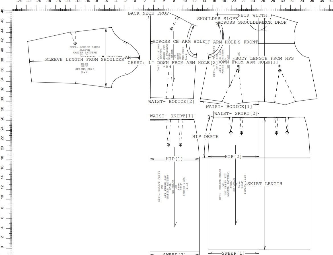 School assignment on Optitex creating a bodice dress with a skirt and long sleeves fitted perfectly to the model