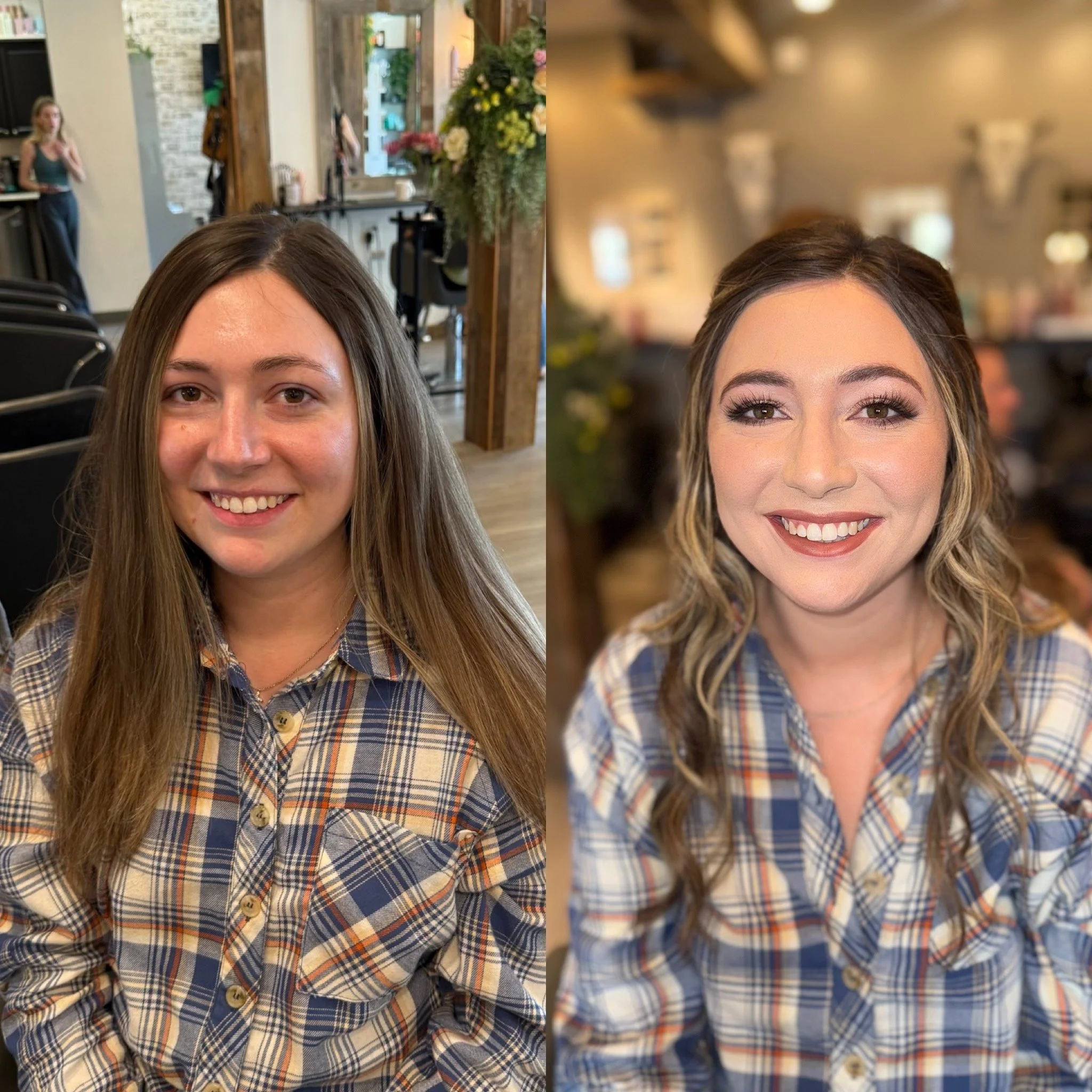 Side-by-side photos of a young woman before and after makeup and hairstyling, wearing a plaid shirt, with a blurred indoor background featuring flowers.