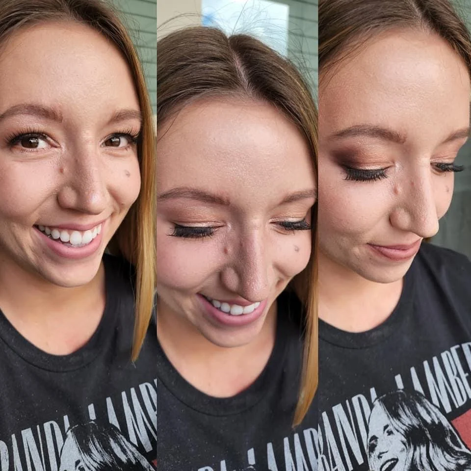 A woman with blonde hair smiling in the first photo, looking down with her eyes closed in the second, and with her eyes closed in the third, wearing a black T-shirt.