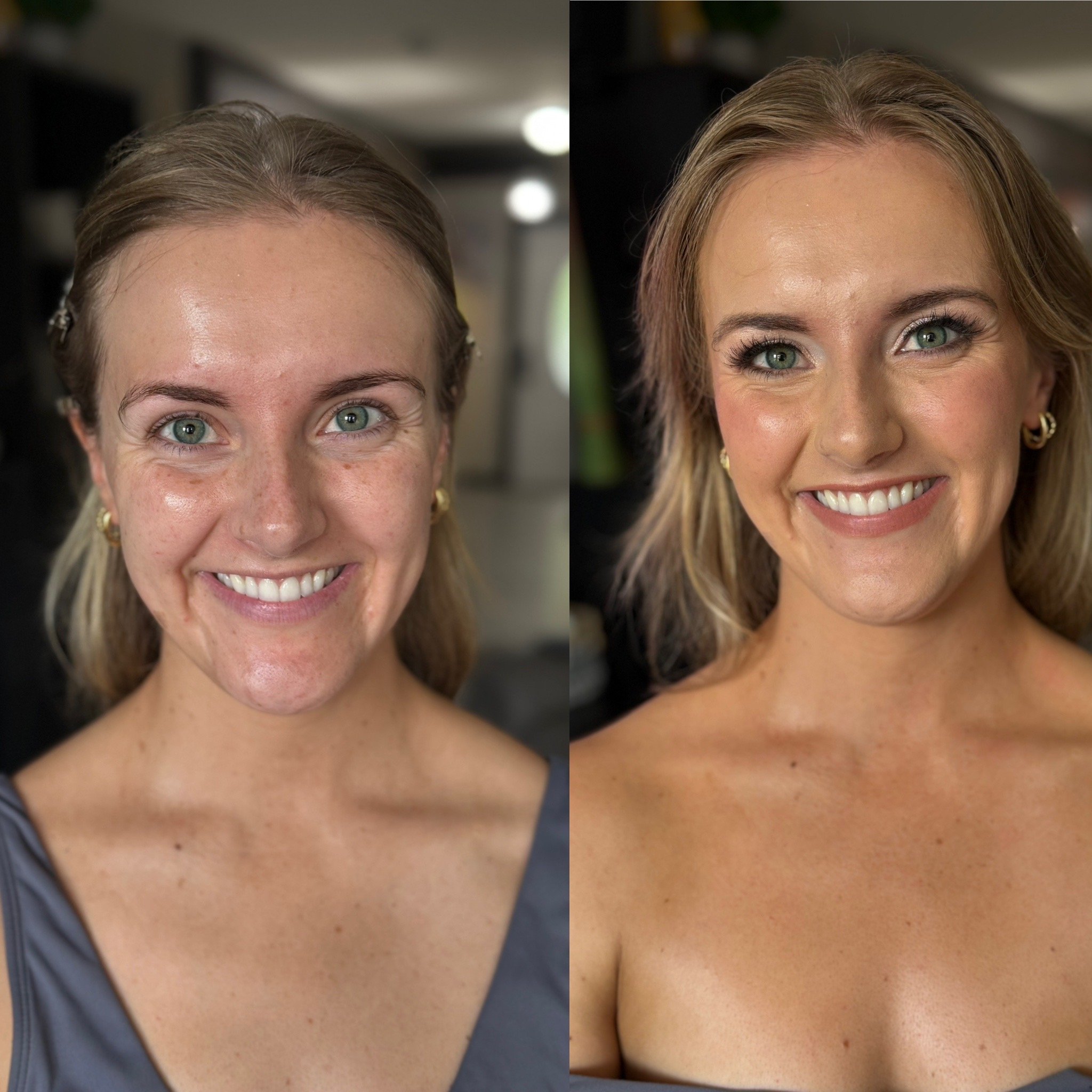 Side-by-side comparison of a woman before and after makeup application. The left side shows her with a natural look, while the right side shows her with makeup, smiling, in a strapless top.