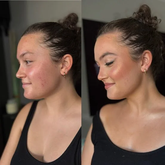 Side-by-side comparison of a woman before and after applying makeup and skincare for clear, glowing skin.