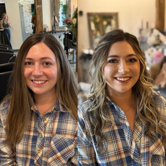 Side-by-side photos of a young woman with long, straight hair on the left and with styled, curly hair on the right, both wearing a plaid shirt and smiling.