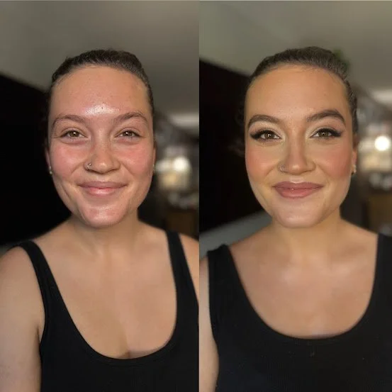 Side-by-side comparison of a young woman before and after applying makeup. In the 'before' image, she has a natural appearance with minimal makeup, visible skin texture, and no eye makeup. In the 'after' image, she has a full face of makeup, includin