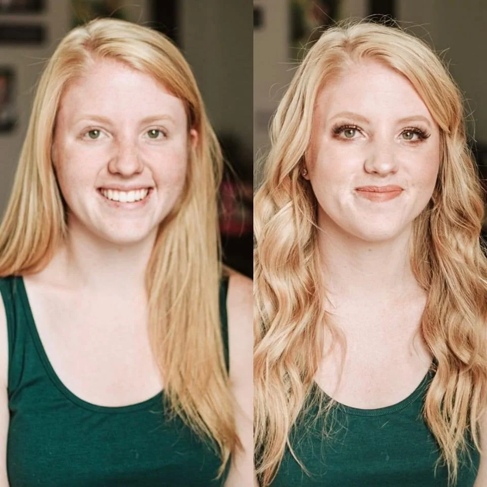 Side-by-side comparison of two women with red hair, showing a before and after of makeup and hair styling. The woman on the left has natural makeup and straight hair, smiling at the camera. The woman on the right has styled wavy hair, makeup, and a c