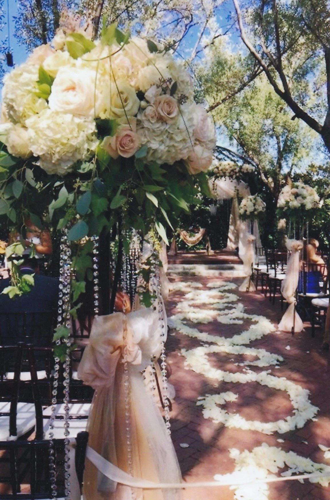 Outdoor wedding aisle decorated with white flower petal circles and floral arrangements on chairs, with trees and blue sky in the background.