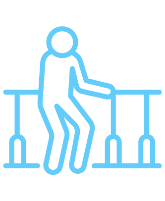 Outline of a person walking with a walker, viewed side profile, on a flat surface.