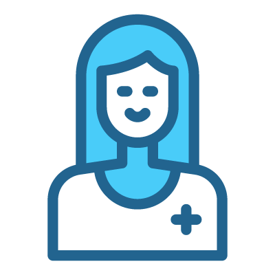 Stylized icon of a female nurse with long hair, smiling, wearing a nurse's uniform with a cross symbol.
