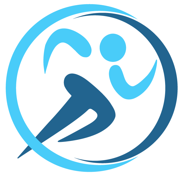 Stylized icon of a person running inside a blue circle.