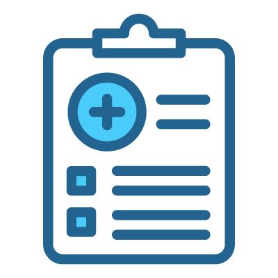 Icon of a medical clipboard with a plus sign and lines representing text.