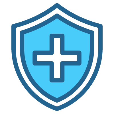A blue shield emblem with a white cross in the center, symbolizing health or protection.