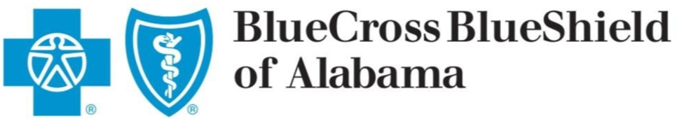 Logo of BlueCross BlueShield of Alabama with a blue cross, a shield with a snake and staff symbol, and the company name.