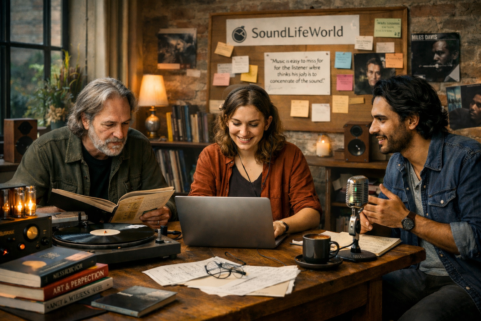 Three people sitting at a wooden table in a cozy room, engaging in a discussion with a laptop, book, and recording equipment, with posters and books on the brick wall in the background.