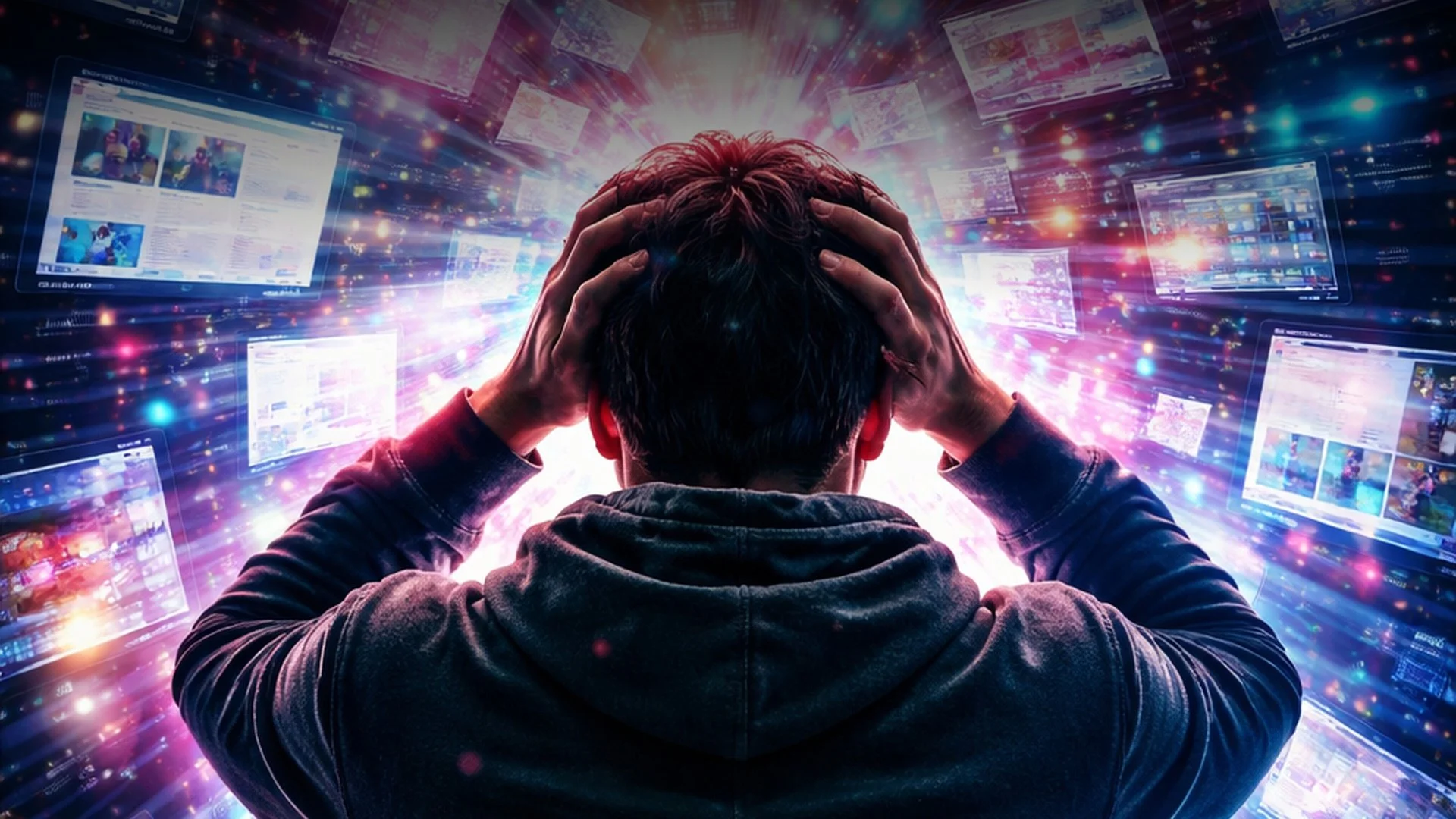 A person with dark hair, wearing a hoodie, holding their head with both hands, surrounded by multiple floating digital screens displaying various content, with colorful light trails and digital effects in the background.