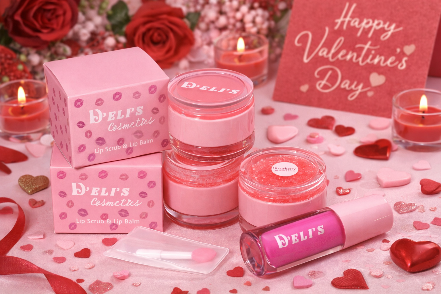 Valentine's Day themed display of skincare products, including pink lip scrub and lip balm, surrounded by heart-shaped decorations, roses, and candles.