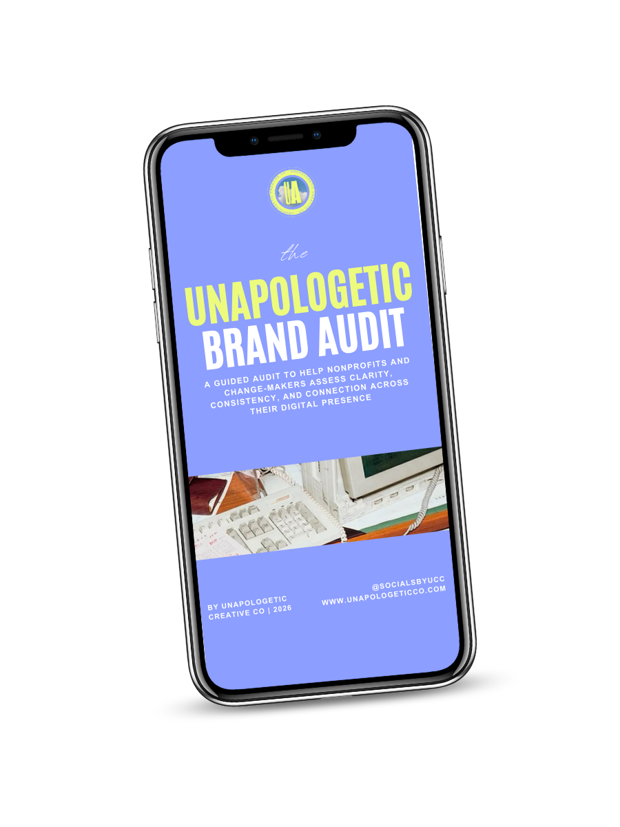 Smartphone displaying the cover of a guide titled 'The Unapologetic Brand Audit' with a purple background, featuring an image of vintage technology equipment.