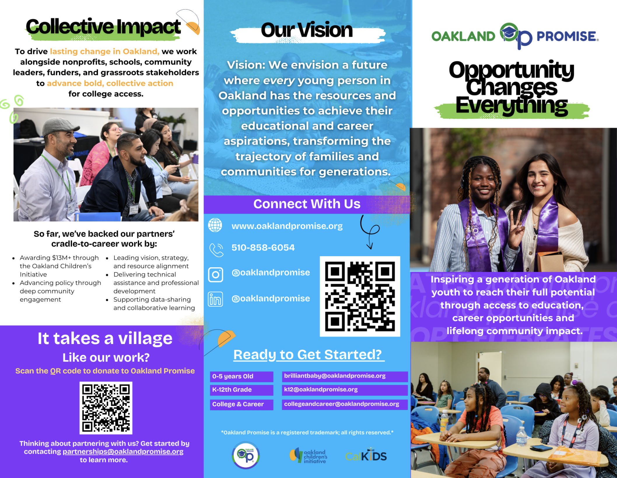 A multi-panel informational flyer features images of diverse youth in educational settings. The flyer discusses Oakland Promise's mission to improve college access and career opportunities for Oakland youth, highlighting partnerships, achievements, a
