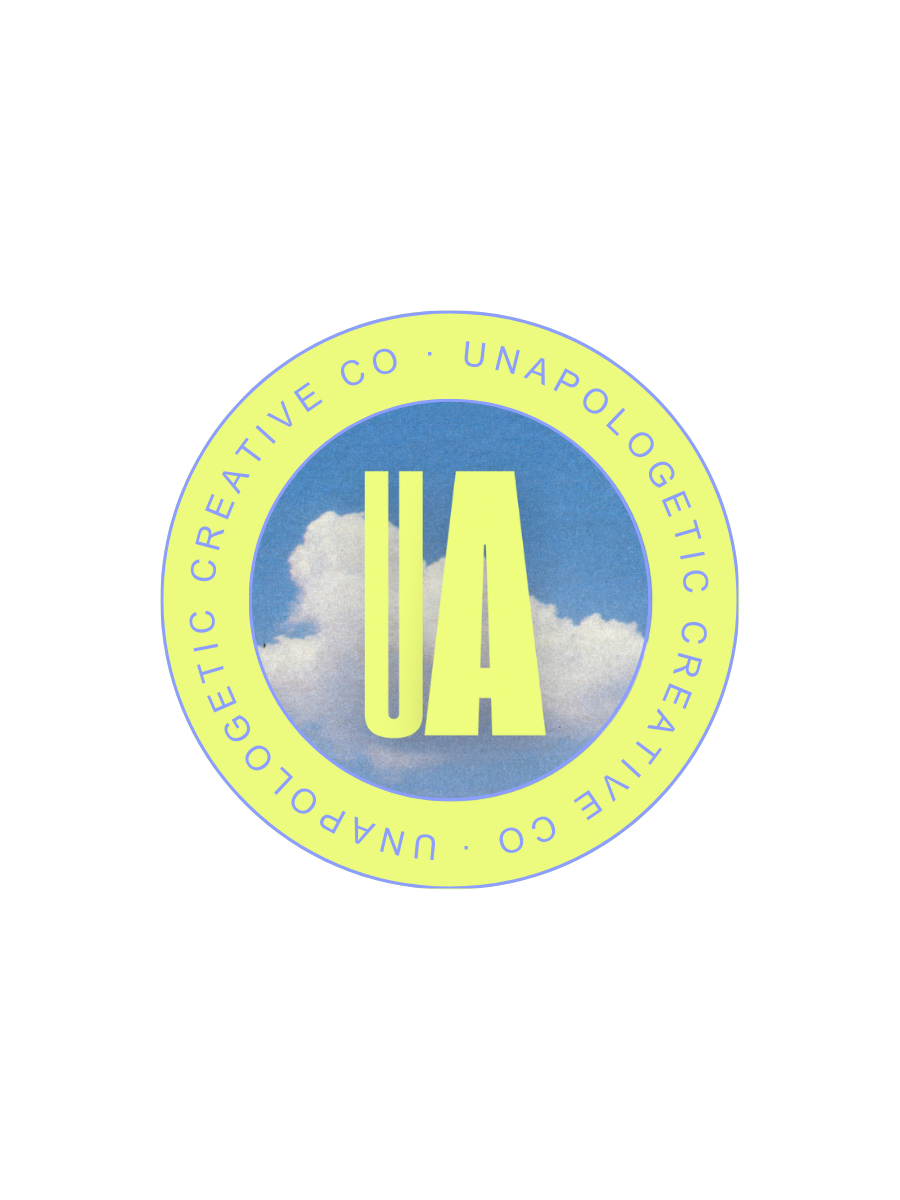A circular logo with a sky and cloud background. The center features large, yellow letters "UA." Around the edge, it reads "UNAPOLOGETIC CREATIVE CO. - UNAPOLOGETIC CREATIVE CO." in light blue text on a yellow background.