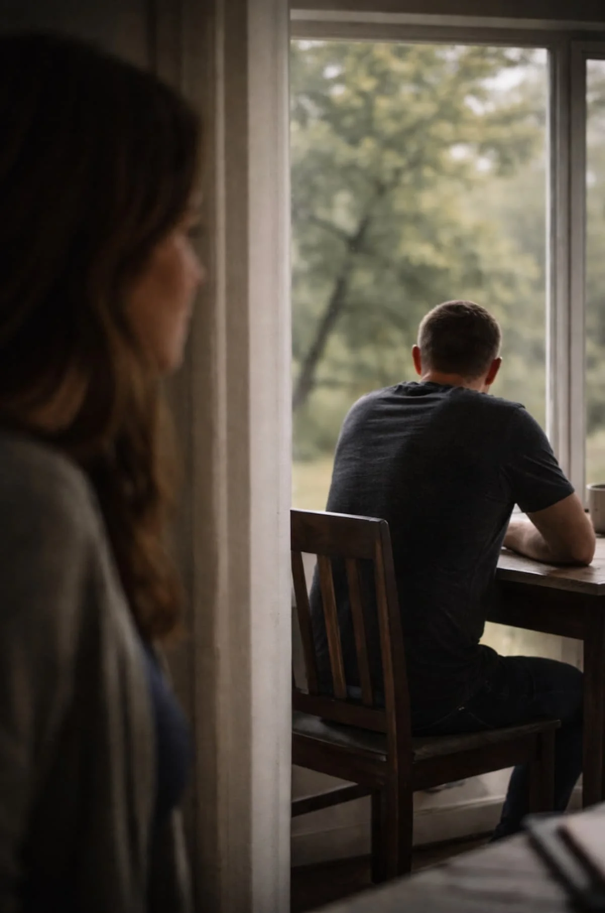 A woman looking out a window at a man sitting at a dining table, gazing outside at trees.