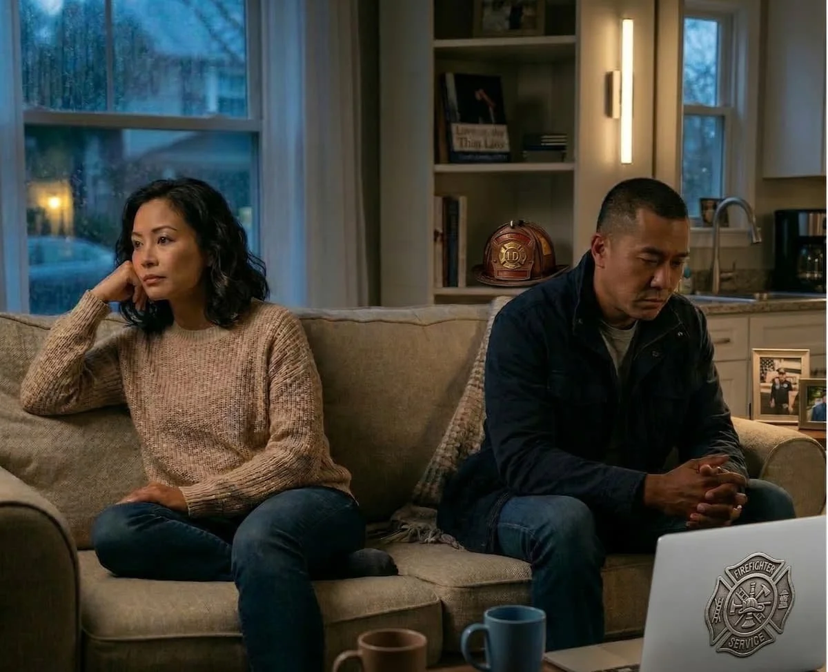 A woman and a man sit on a beige couch inside a living room, looking upset and distant, with a laptop and cups in front of them.