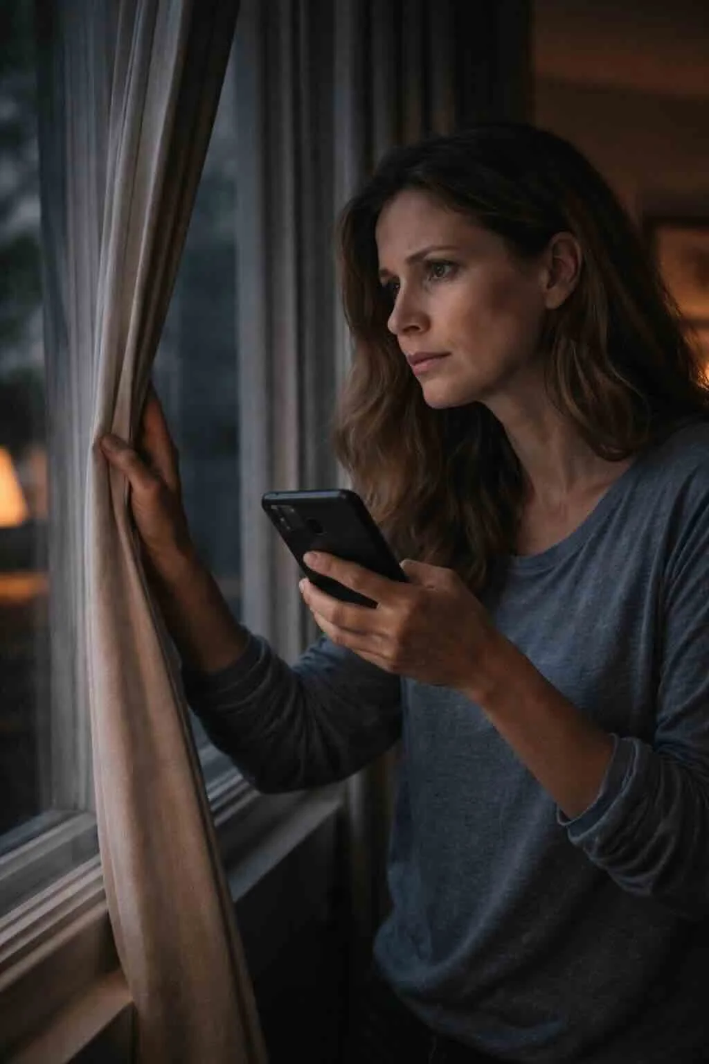 A woman with long brunette hair looking out of a window while holding a smartphone in her right hand and pulling back a curtain with her left hand.