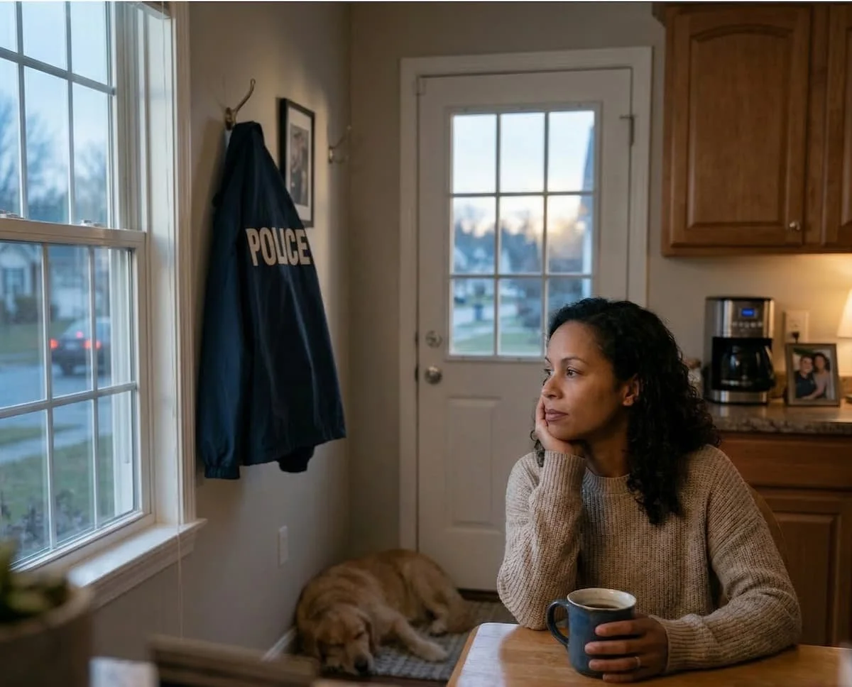 Woman sitting at a kitchen table, holding a mug, looking out the window with a police jacket hanging on the wall, a sleeping dog on the floor, and kitchen appliances in the background.