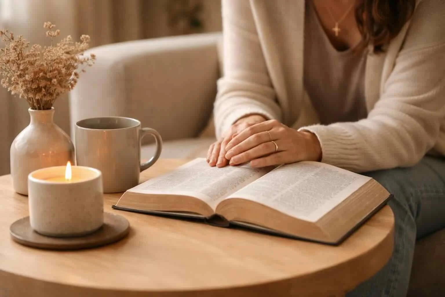 A woman is sitting at a wooden table with an open book, a lit candle, a grey coffee mug, and a beige vase with dried flowers.