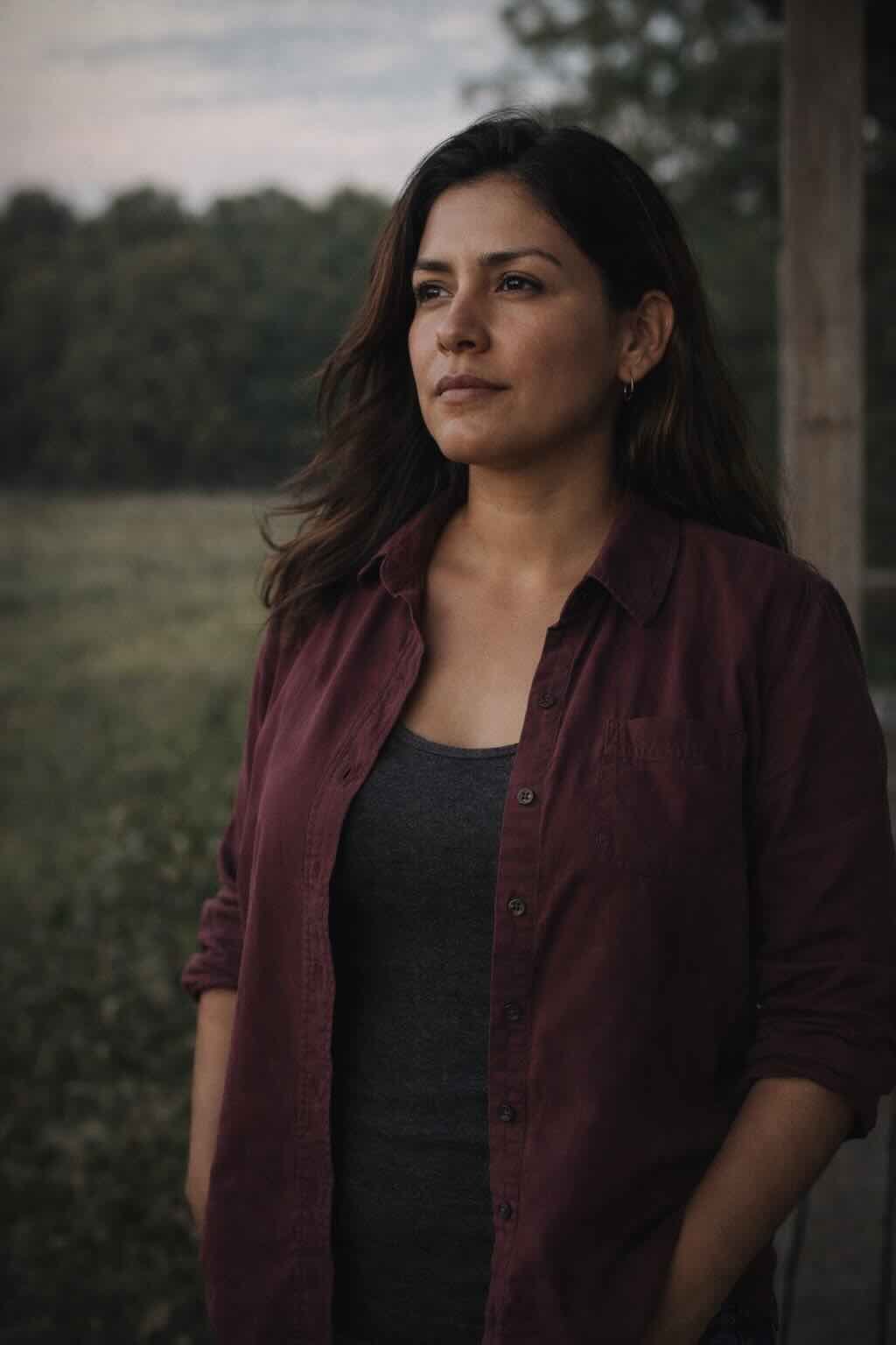 A woman with dark brown hair wearing a maroon shirt and dark gray top, standing outdoors with a blurred background of trees and a cloudy sky.